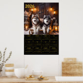 2026年シベリアンハスキー+ソリカレンダー ポスター (キッチン)
