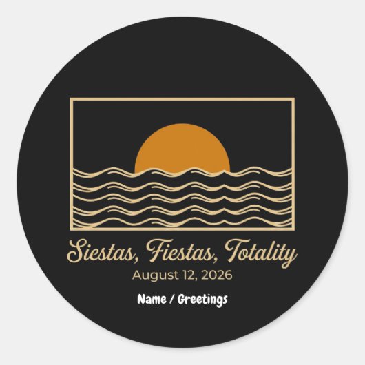 2026年スペイン皆既日食 Siestas Fiestas Totality ラウンドシール (正面)