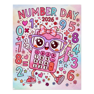 2026年ナンバーデー  かわいいピンクの計算機 数学デザイン ポスター