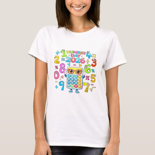 2026年ナンバーデー カラフル電卓 数学Tシャツ Tシャツ (正面)