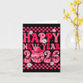 2026年ハッピーニューイヤーカウガールカウボーイディスコボールガール カード (黄色い花)