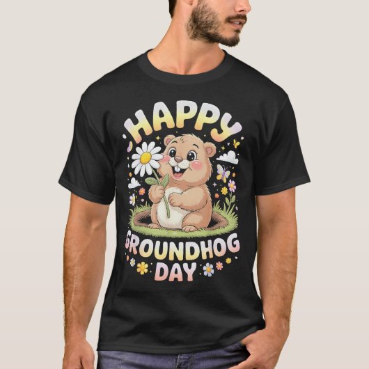 2026年ハッピーラッキーデー 可愛いグラウンドホッグと花 Tシャツ (正面)
