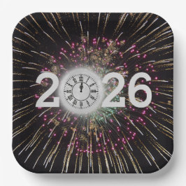 2026年元旦の月と時計 ペーパープレート