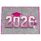 2026年卒ホットピンクシルバーグリッターVarsity卒業 ラージペーパーバッグ (正面)