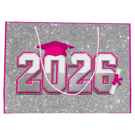 2026年卒ホットピンクシルバーグリッターVarsity卒業 ラージペーパーバッグ (裏面)