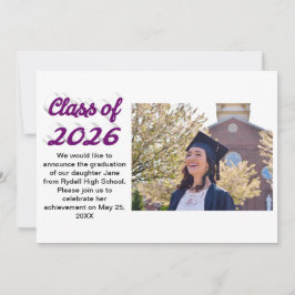 2026年卒業おめでとう 紫色の手書き文字の卒業写真 招待状