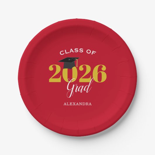 2026年卒業シンプル赤と金 ペーパープレート (正面)