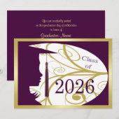 2026年卒業記念カード 紫と金色のシルエット 招待状 (正面/裏面)