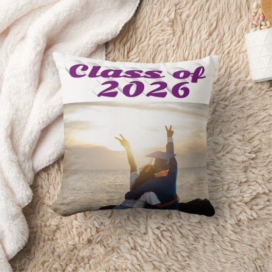 2026年卒業 ふじ色テキスト 卒業写真 クッション (ブランケット)