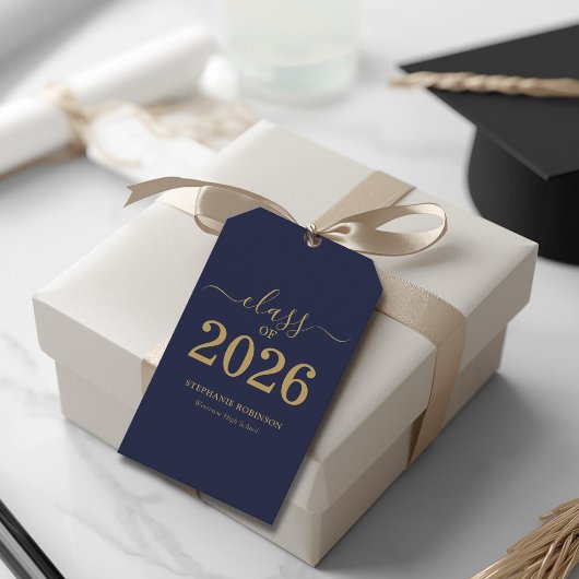 2026年卒業 ネイビーブルー ゴールドスクリプト 卒業式 ギフトタグ