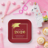2026年卒業 赤い偽のメタリックゴールド ペーパープレート (パーティー)