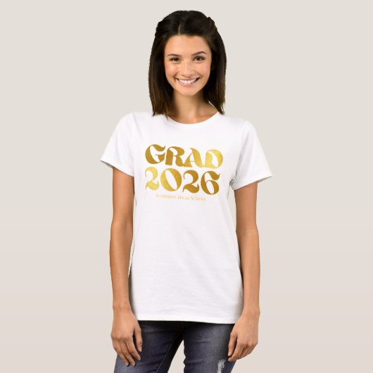 2026年卒業 黒とゴールドのタイポグラフィー Tシャツ (正面フル)