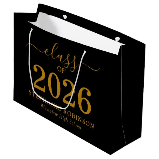 2026年卒業 黒地にゴールドの文字 Graduation ラージペーパーバッグ (正面アングル)
