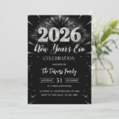 2026年大晦日パーティー ブラック＆シルバー グリッター 招待状 (スタンド正面)