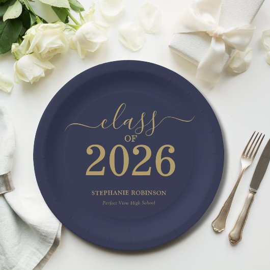 2026年度 ネイビーブルー ゴールド 卒業パーティー ペーパープレート