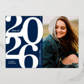 2026年度 ネイビー シルバー 卒業発表カード 箔招待状 (正面)