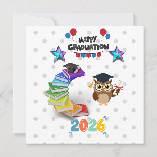 2026年度 卒業おめでとう - かわいいフクロウと本 カード (正面)