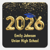 2026年度 卒業式 ゴールド バルーンとブルー キャップ スクエアシール (正面)