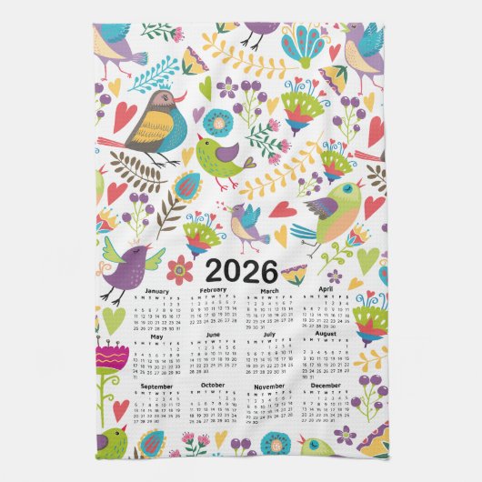 2026年数々の暦色鳥花 キッチンタオル (縦)