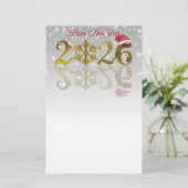 2026年新年おめでとうゴールド | サンタ帽子と雪の結晶 便箋 (スタンド正面)