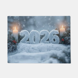 2026年新年おめでとう雪のキャンドル ドアマット