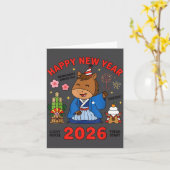 2026年新年おめでとう かわいい馬 日本のお祝い カード (黄色い花)