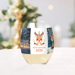 2026年新年おめでとう キツネとトナカイ ステムなしワイングラス