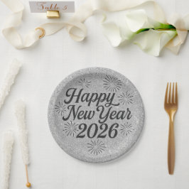 2026年新年おめでとう シルバーグリッター ブラック ペーパープレート