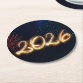 2026年新年おめでとう スパークリング花火 ラウンドペーパーコースター (アングル)