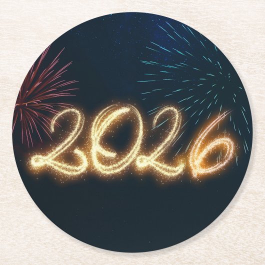 2026年新年おめでとう スパークリング花火 ラウンドペーパーコースター (正面)