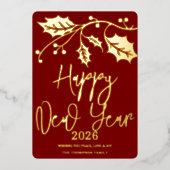 2026年新年おめでとう、赤いリボン 箔シーズンカード (正面)