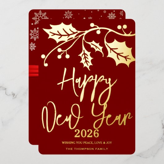 2026年新年おめでとう、赤いリボン 箔シーズンカード (正面/裏面)