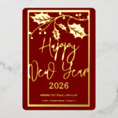 2026年新年おめでとう、赤いリボン 箔シーズンカード (正面)