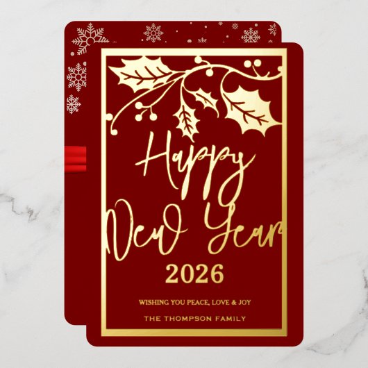 2026年新年おめでとう、赤いリボン 箔シーズンカード (正面/裏面)