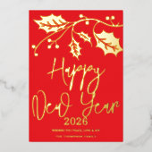 2026年新年おめでとう 赤いリボン 箔シーズンカード (正面)