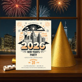 2026年新年のパーティーの到着を発表するレトロ 招待状