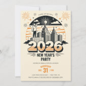 2026年新年のパーティーの到着を発表するレトロ 招待状 (正面)
