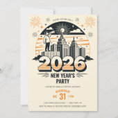 2026年新年のパーティーの到着を発表するレトロ 招待状 (正面)