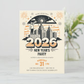 2026年新年のパーティーの到着を発表するレトロ 招待状 (スタンド正面)