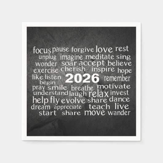 2026年新年ブラックロック上のワードクラウド スタンダードカクテルナプキン (正面)