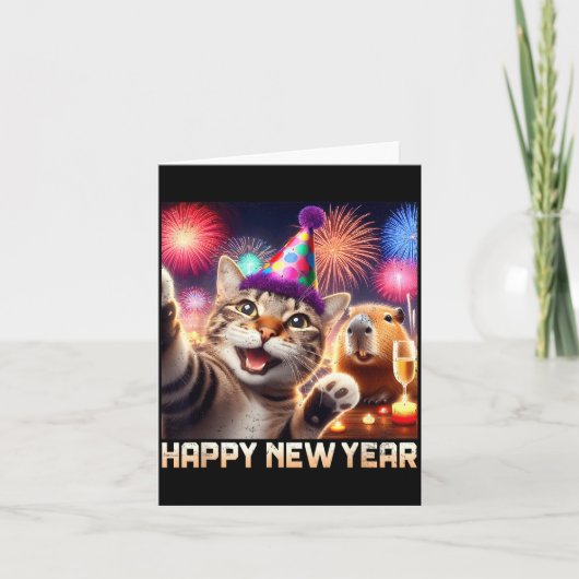 2026年新年 かわいい猫 カピバラ パーティー アート カード (正面)