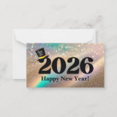 2026年明けましておめでとう、楽しい帽子キラキラモダン ノートカード (正面)