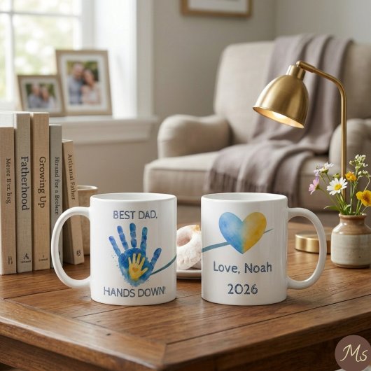 2026年最初の父の日 青い水彩手形 コーヒーマグカップ