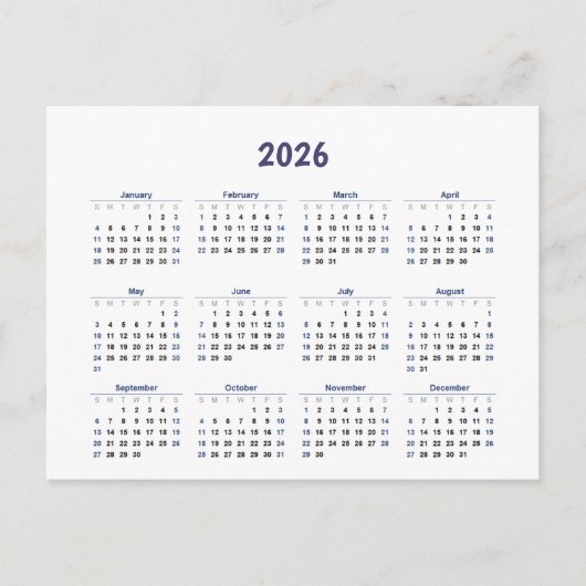 2026年月次カレンダーすべての日 ポストカード (正面)