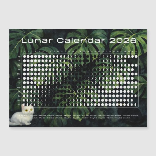 2026年版モンステラと猫の月の満ち欠けカレンダーマグネット (正面)