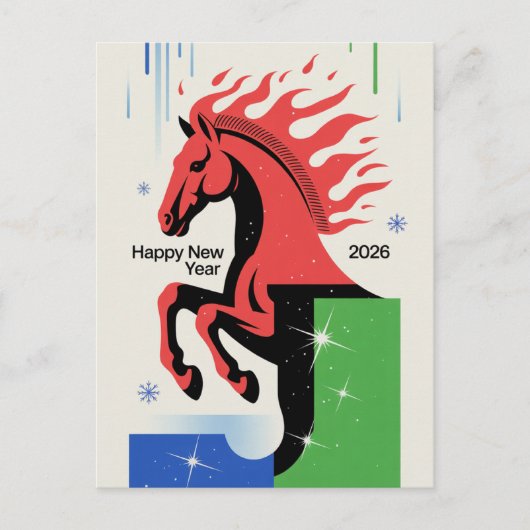 2026年賀状 赤い馬のビンテージスタイル シーズンポストカード (正面)