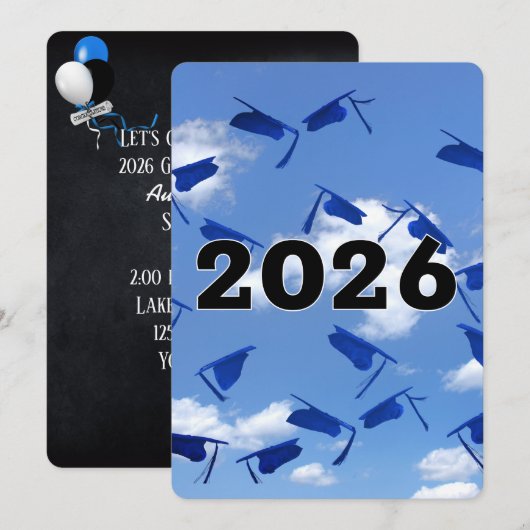 2026年青い卒業式の帽子 スカイブルー 招待状 (正面/裏面)