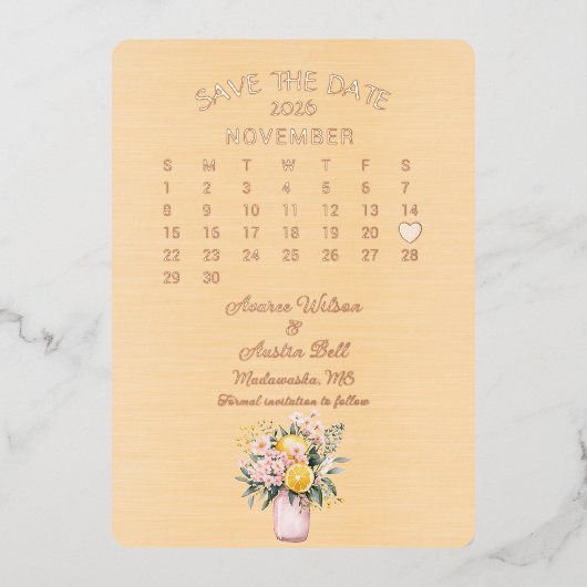 2026年11月の日付を保結婚存 箔招待状 (正面)