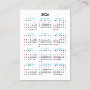 2026年 カレンダーカード 日曜日始まり 名刺