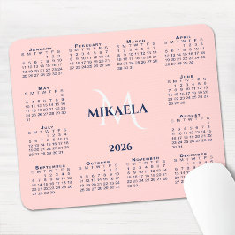 2026年 カレンダー おしゃれ モノグラム 名前 コーラルピンク マウスパッド
